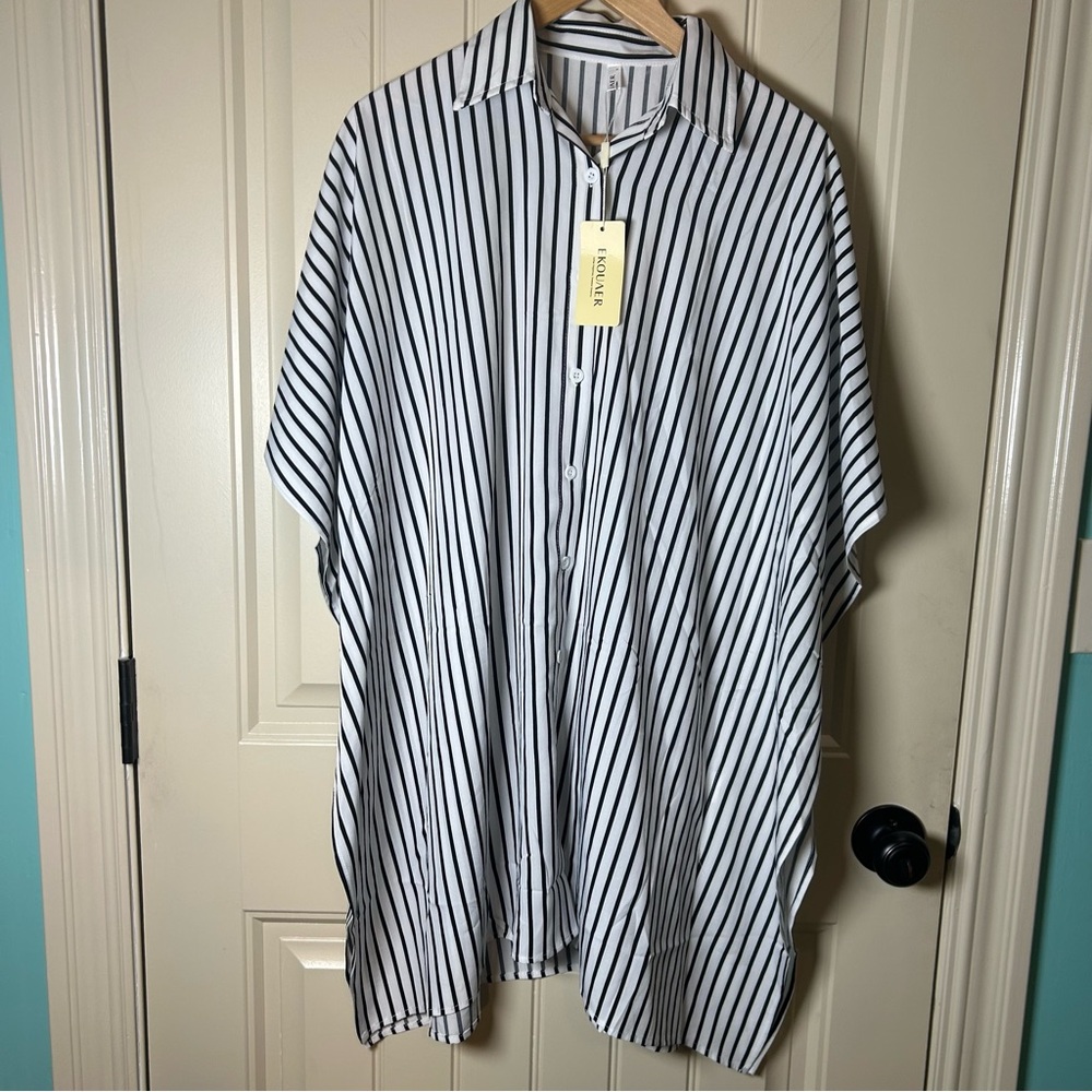 Ekouaer Nightgown Butterfly shape Sleeves, Stripped, Button Down, Size Small